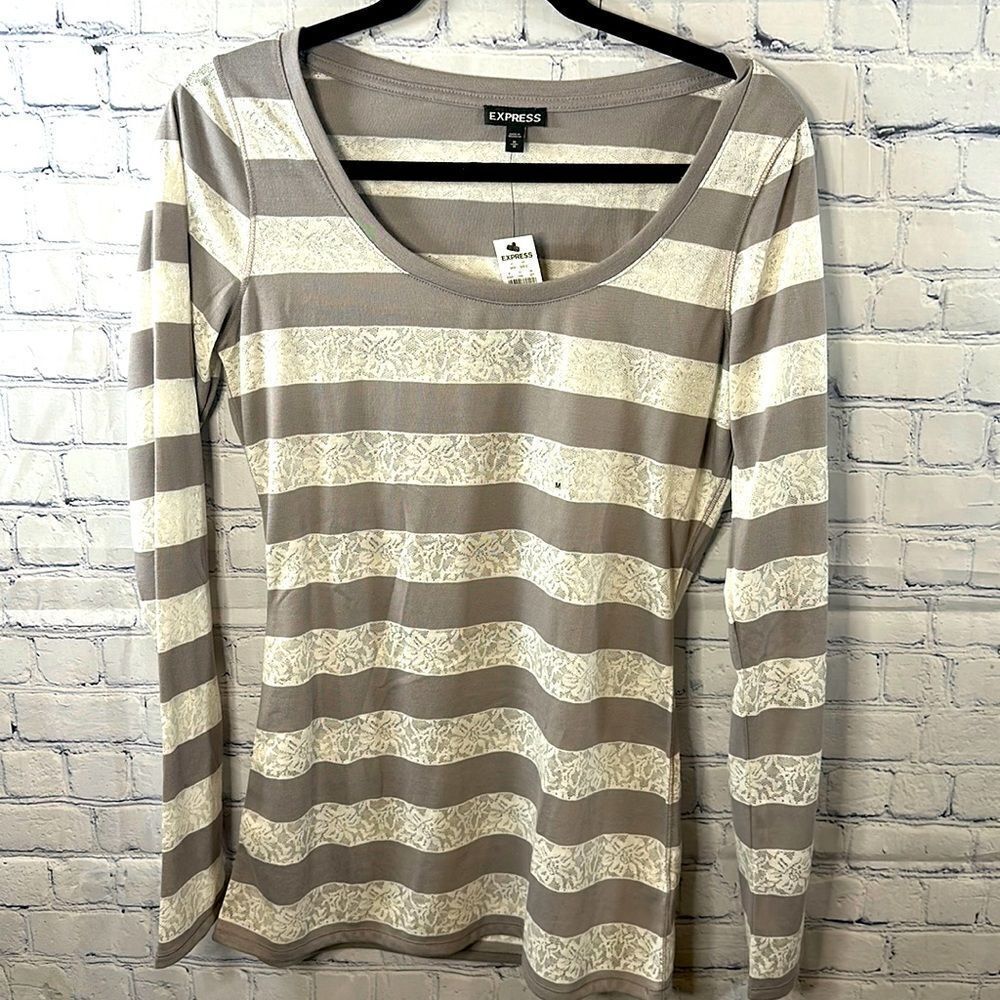 👚 Express Striped Long-Sleeved Top - Size Med -Light Gray and White with Lace